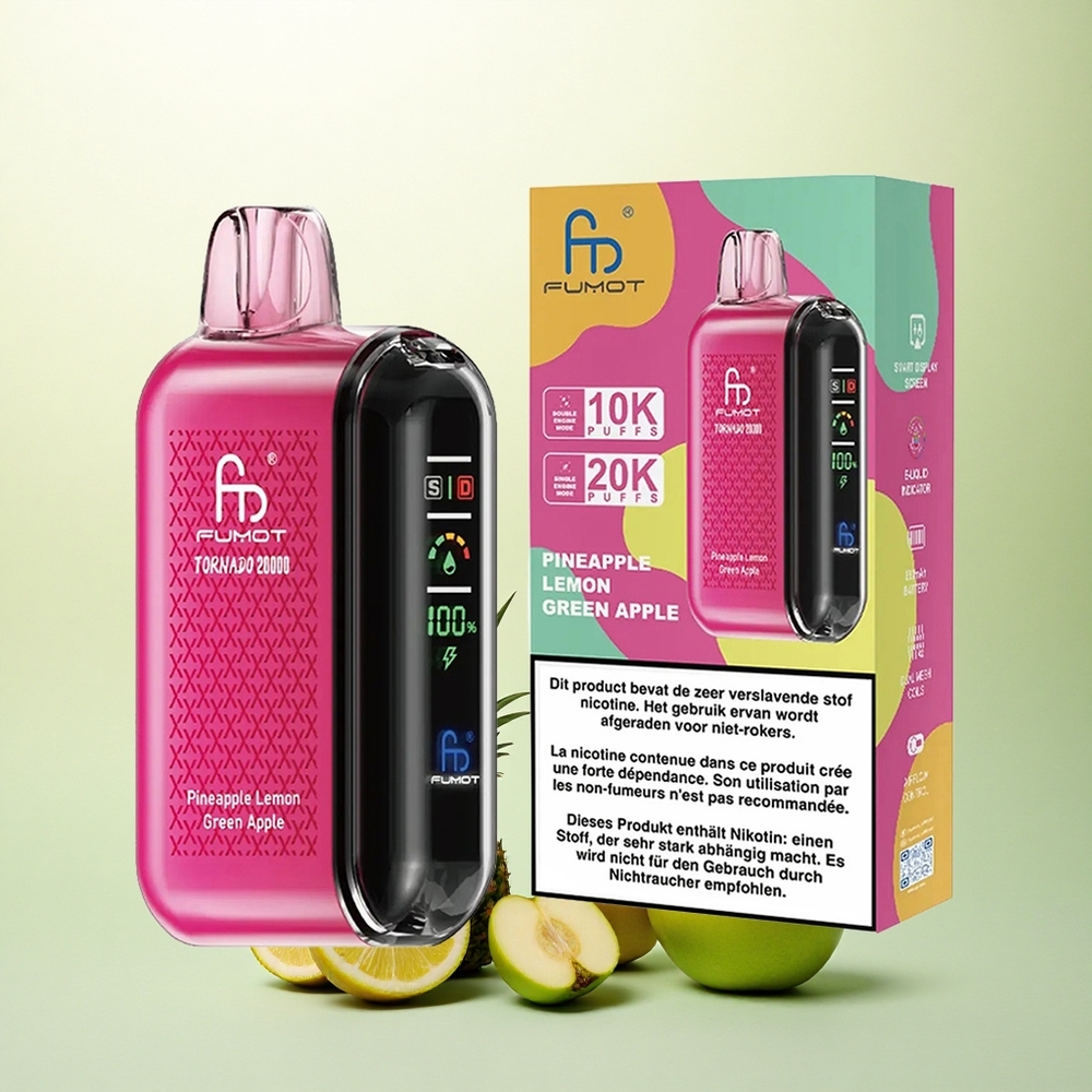 Fumot Tornado 20000 Puffs Abacaxi Limão Maçã Verde com Dual Mesh Coil e 850mAh