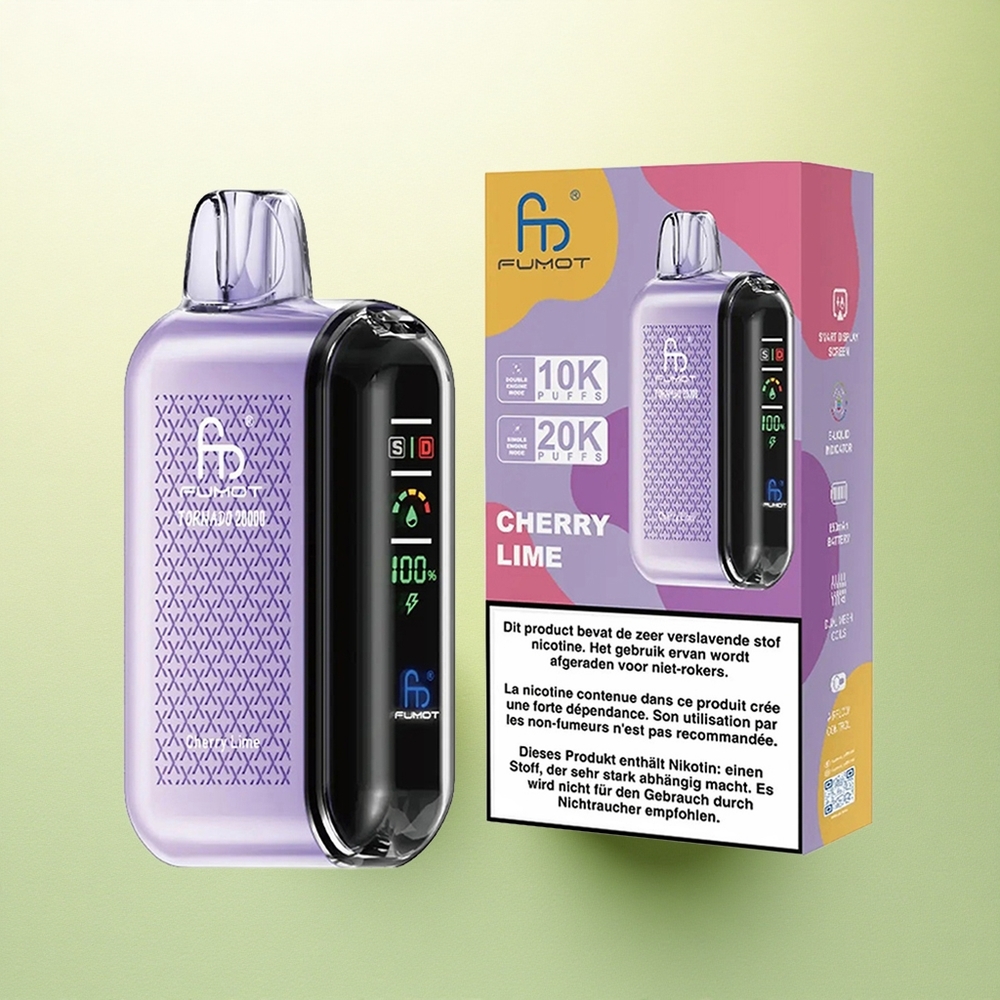 Fumot Tornado 20000 Puffs Cereja Lima com Bateria 850mAh e Controle de Fluxo de Ar