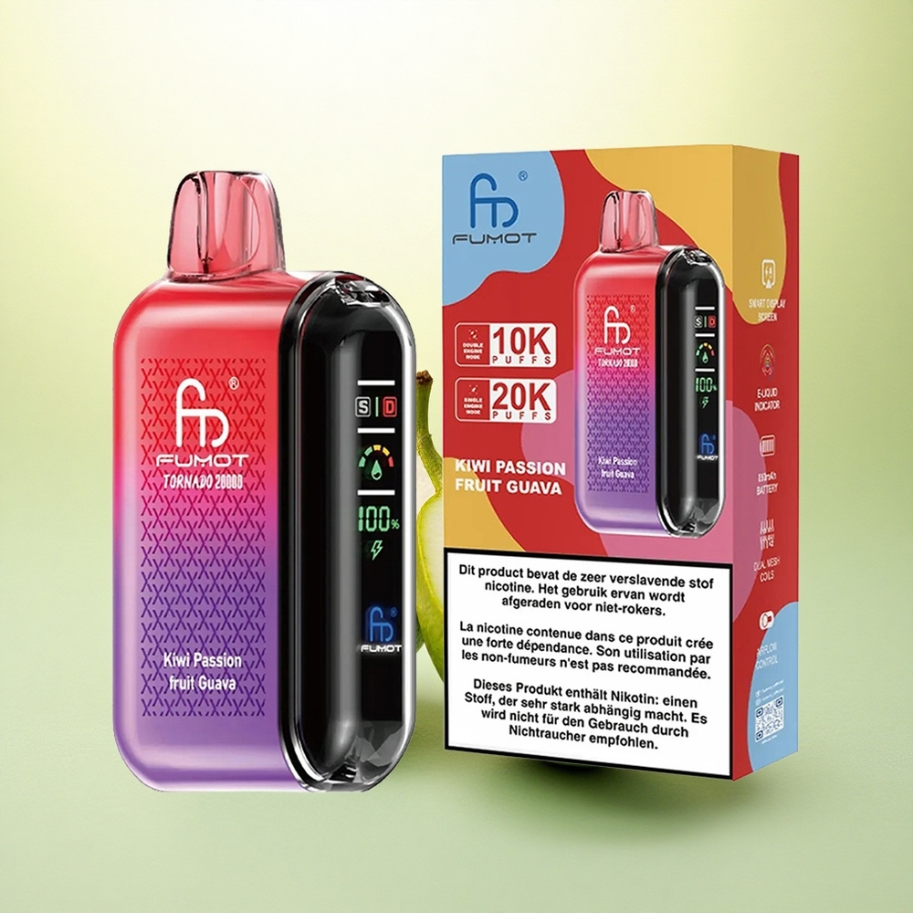 Fumot Tornado 20000 Puffs Maracujá Kiwi Goiaba com Nicotina 2% e Bateria 850mAh
