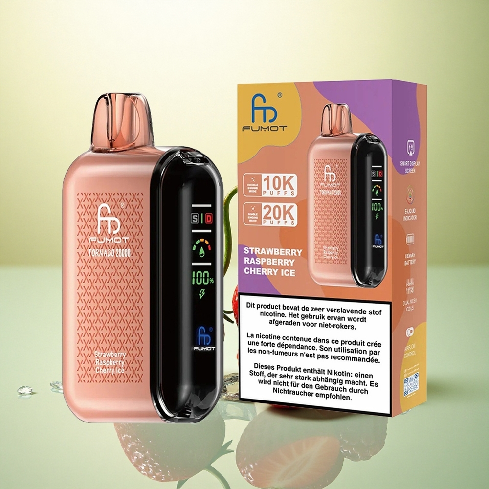Fumot Tornado 20000 Puffs Morango Framboesa Cereja Gelo com Dual Mesh Coil e 2% Nicotina