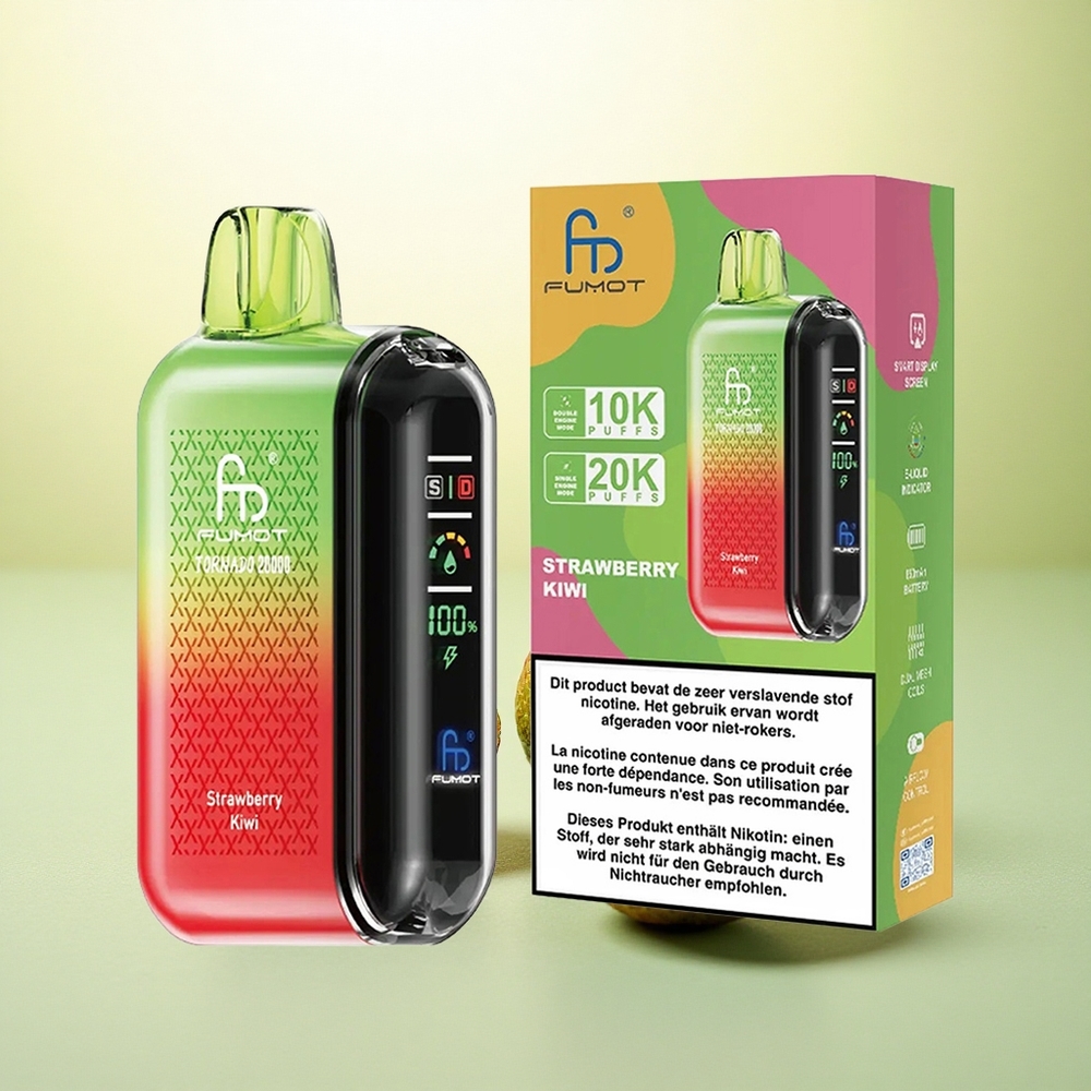 Fumot Tornado 20000 Puffs Morango Kiwi com Bateria 850mAh e Controle de Fluxo de Ar