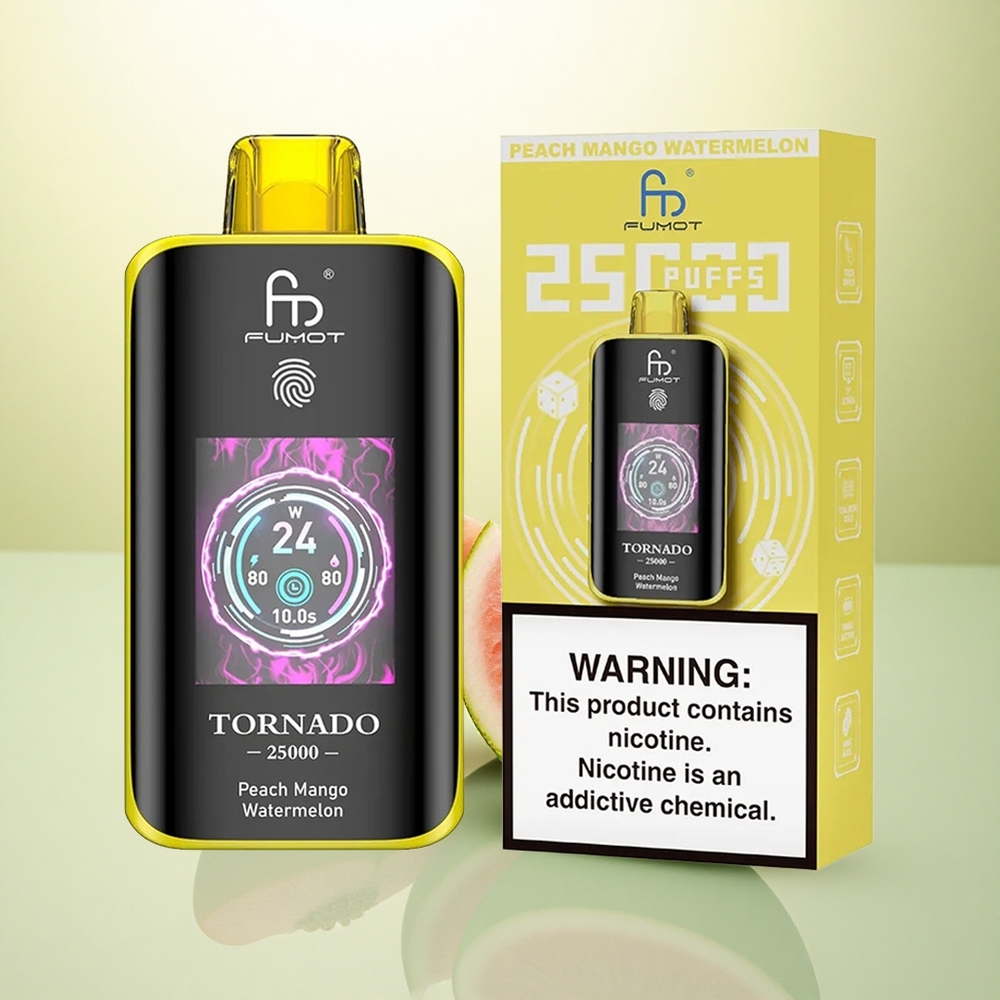 Fumot Tornado 25000 Puffs Pêssego Manga Melancia Tela HD 700mAh Nicotina 0/2%/3%/5%