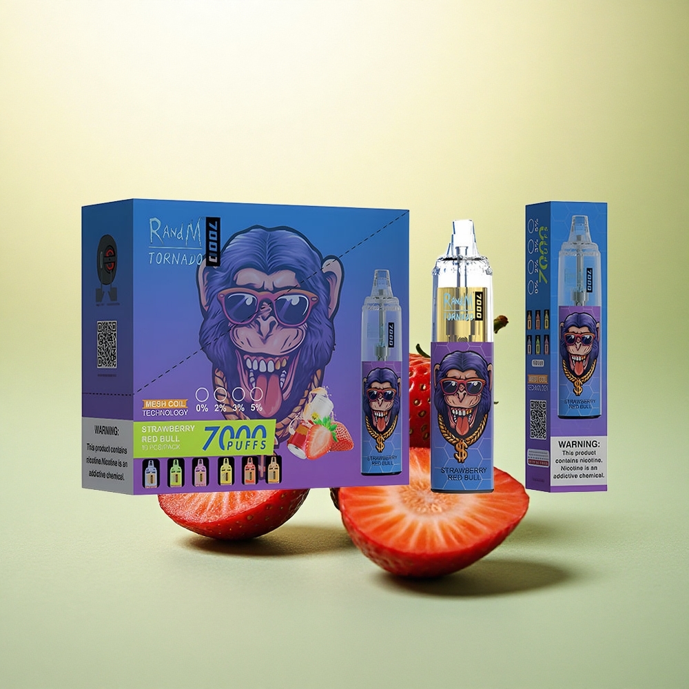 RandM Fumot Tornado 7000 Puffs Morango Red Bull 14ML Mesh 5% Nicotina