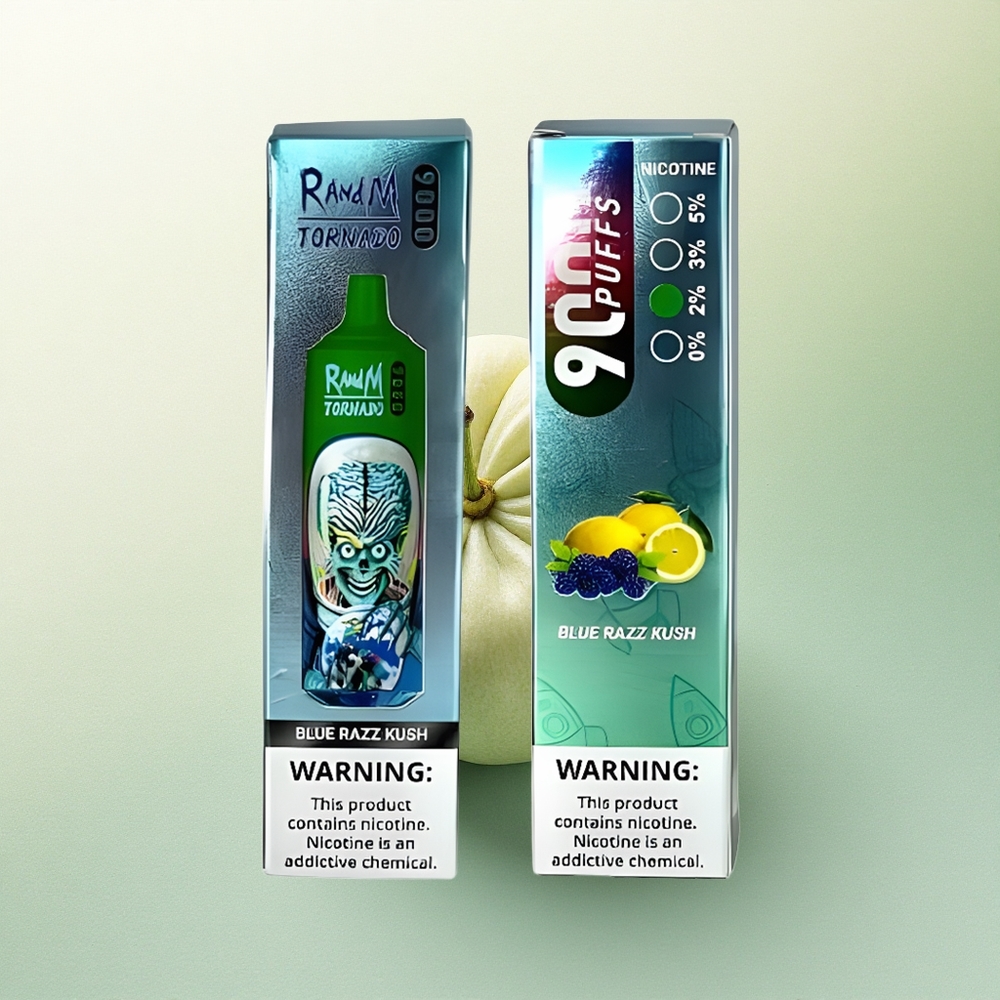 RandM Fumot Tornado 9000 Puffs Azul Framboesa Kush com Bateria 850 mAh e E-líquido 18 mL