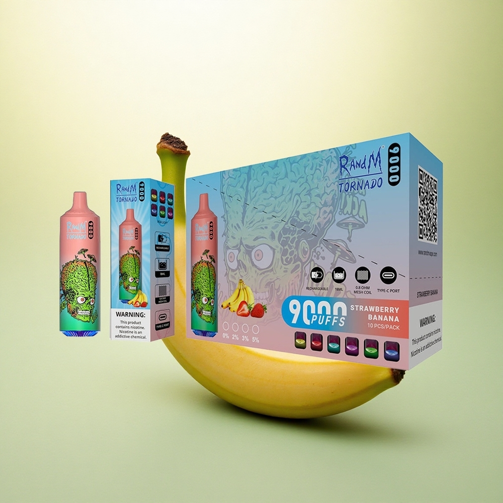 RandM Fumot Tornado 9000 Puffs Morango Banana 18 mL Mesh 850 mAh